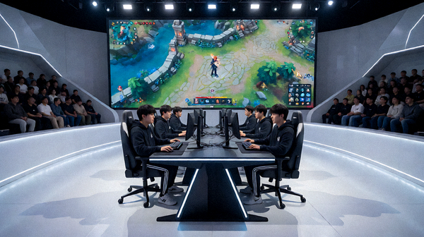电竞赛事舞台大屏幕与选手比赛区域的现场画面